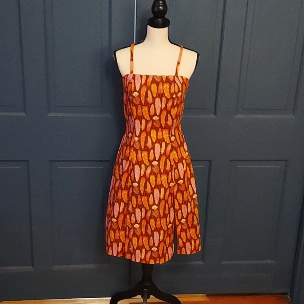 One of a kind handmade cotton sundress feather print knee length fits sz 4 or 6